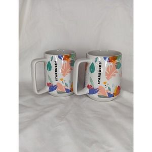 Set Of 2 STARBUCKS 2019 Tropical Floral Ceramic Coffee Tea Mugs Cups 14 Oz.
